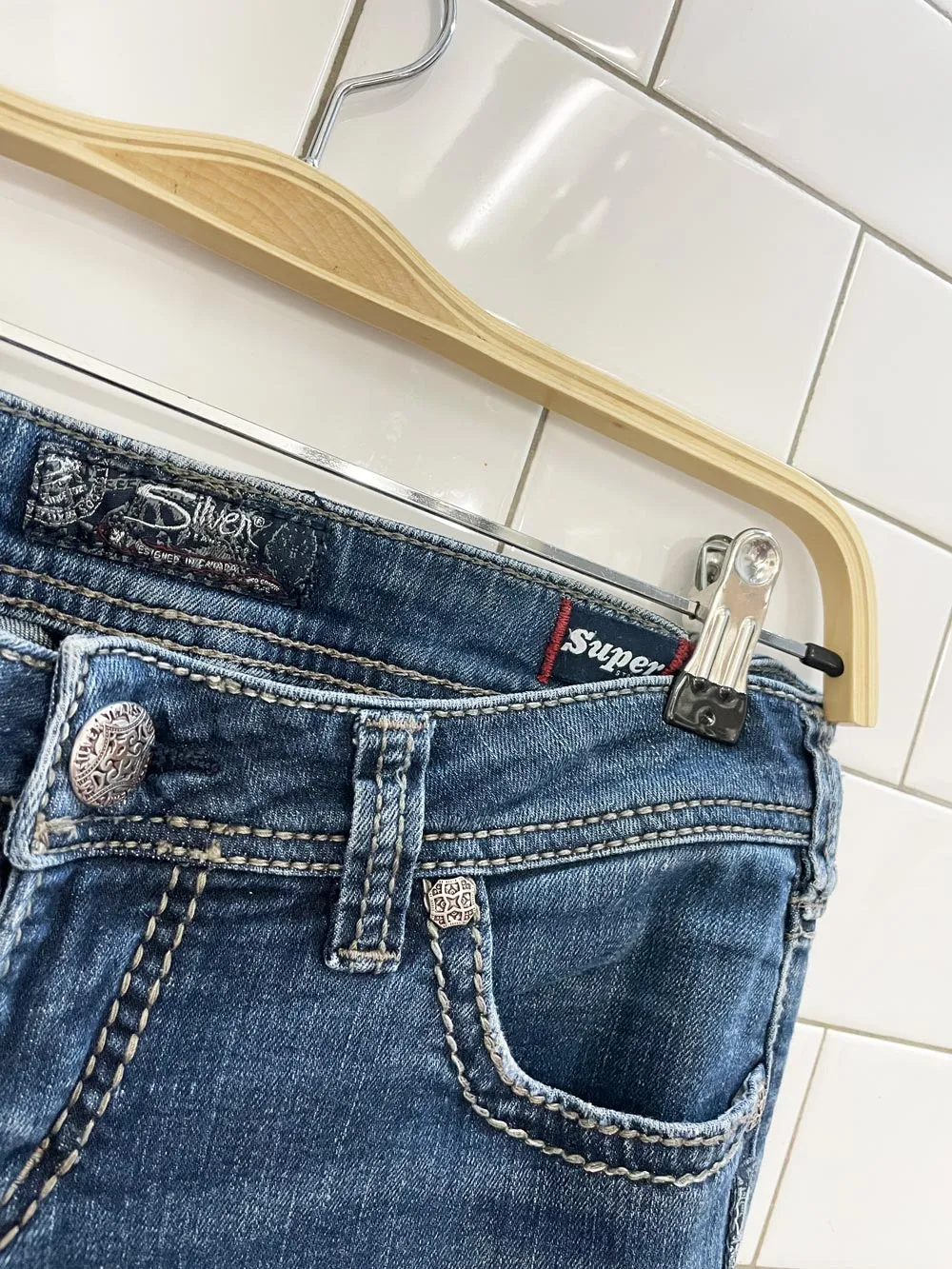 y2k silver aiko super stretch bootcut jeans sold by Good Market Thrift Store product image thumbnail 2