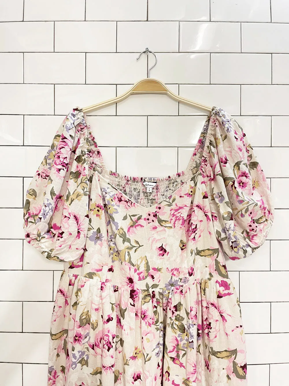 reitmans x the birds papaya linen-blend floral midi dress sold by Good Market Thrift Store