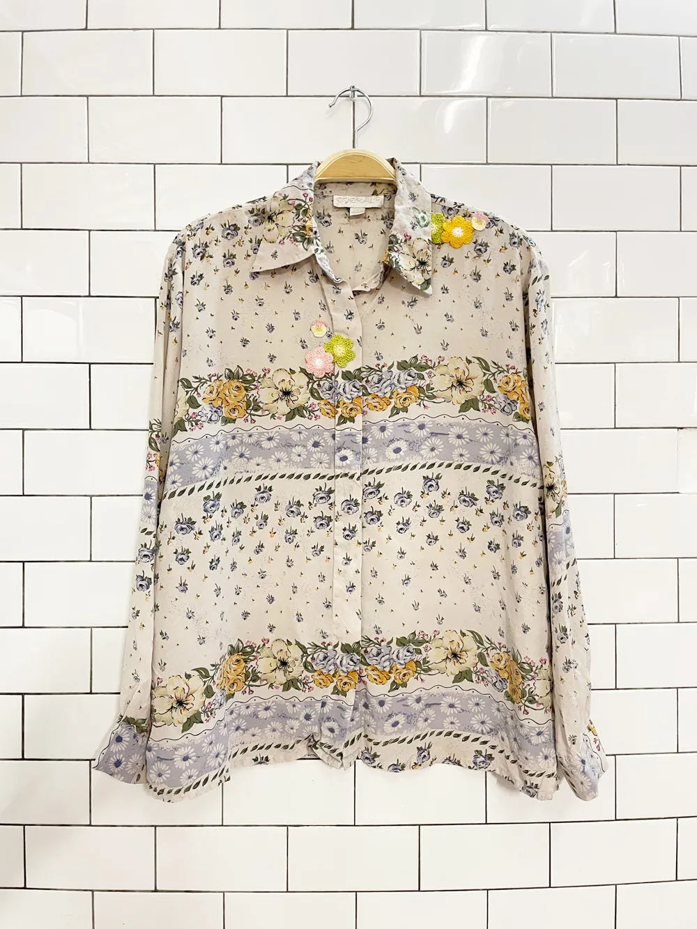 rework x vintage everalp 100% silk floral crochet patch blouse sold by Good Market Thrift Store