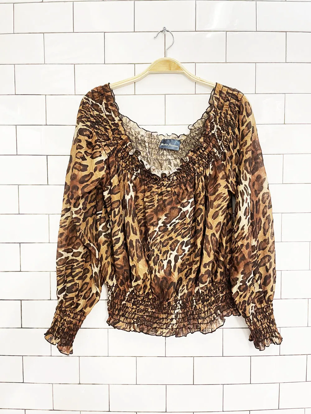y2k burke avenue animal print chiffon off shoulder blouse sold by Good Market Thrift Store