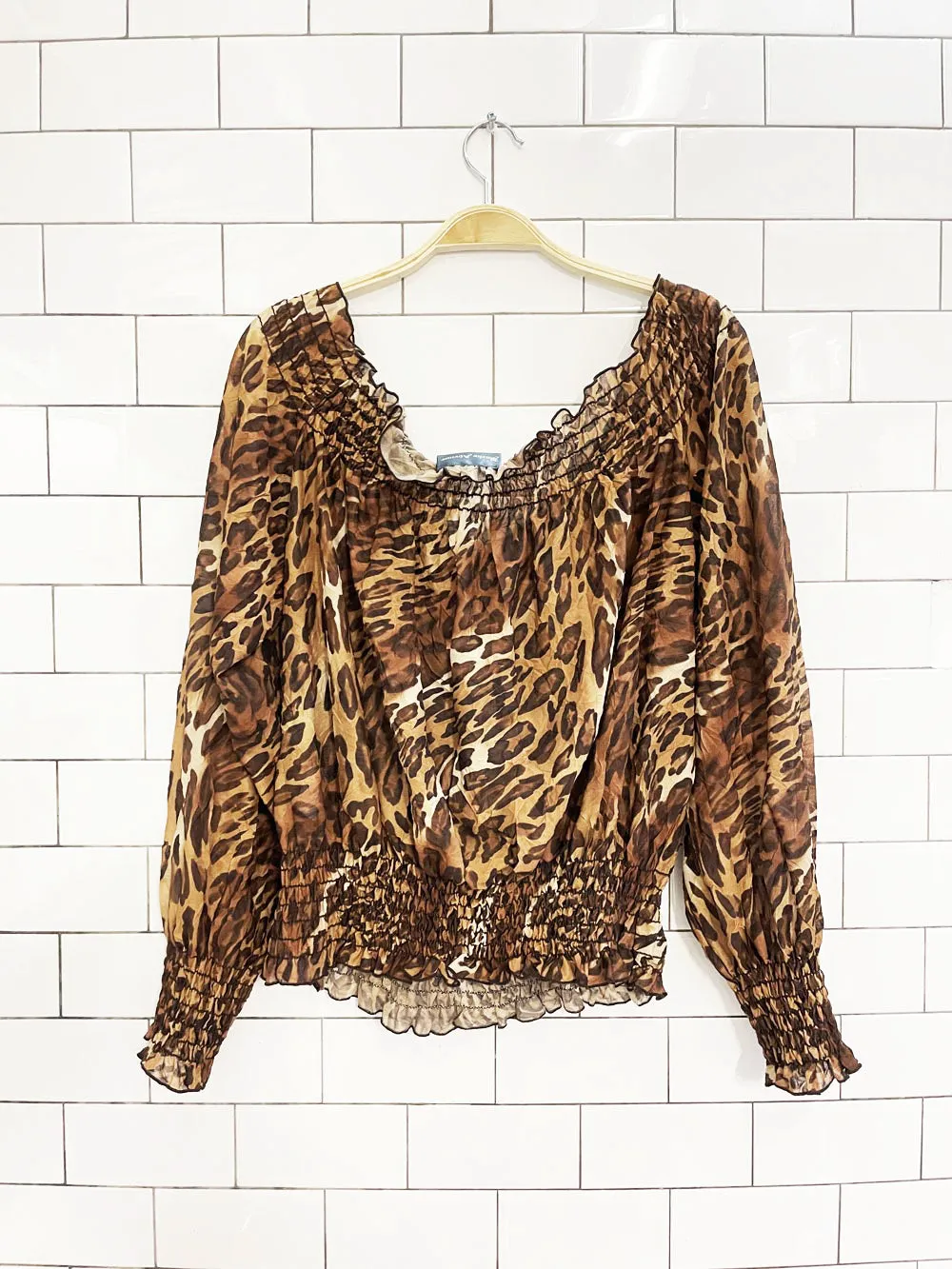 y2k burke avenue animal print chiffon off shoulder blouse sold by Good Market Thrift Store product image thumbnail 4