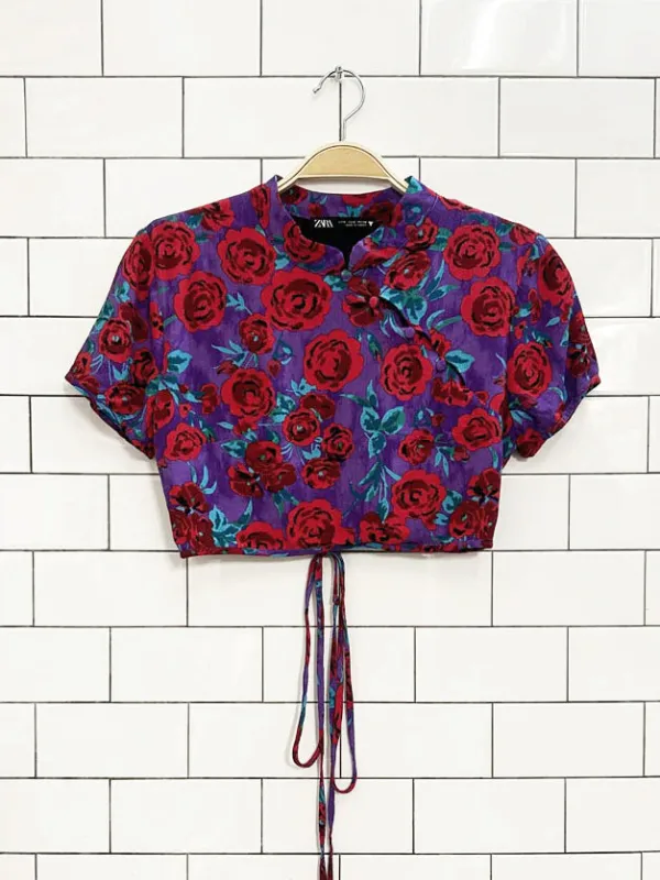 zara floral open back crop top with wrap around string sold by Good Market Thrift Store