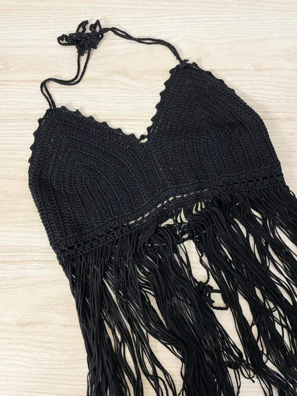 tobi crochet knit halter top with long fringe sold by Good Market Thrift Store