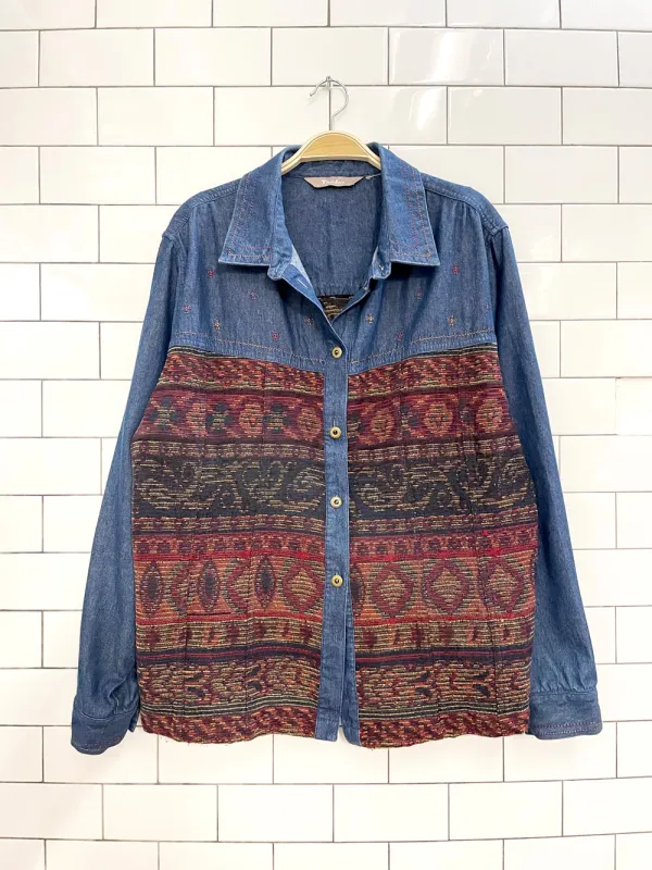vintage 00s tanjay southwestern tapestry patchwork denim jacket sold by Good Market Thrift Store