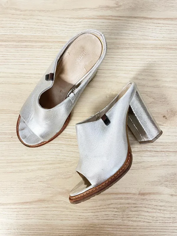 rudsak metallic silver leather open toe heeled mules sold by Good Market Thrift Store