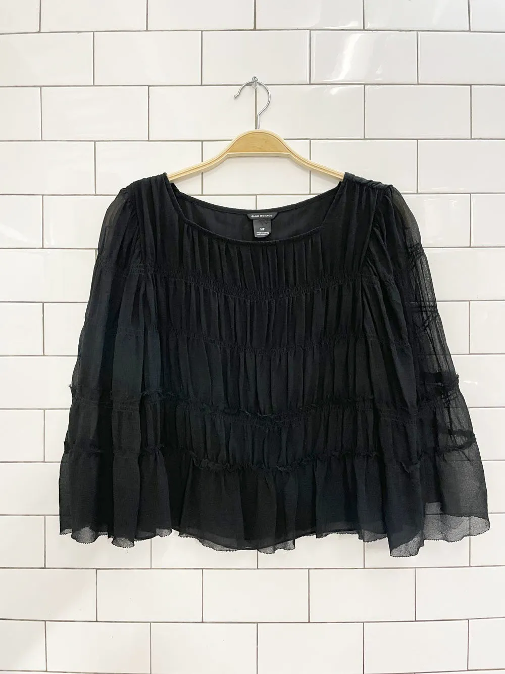 club monaco 100% silk chiffon tiered blouse sold by Good Market Thrift Store