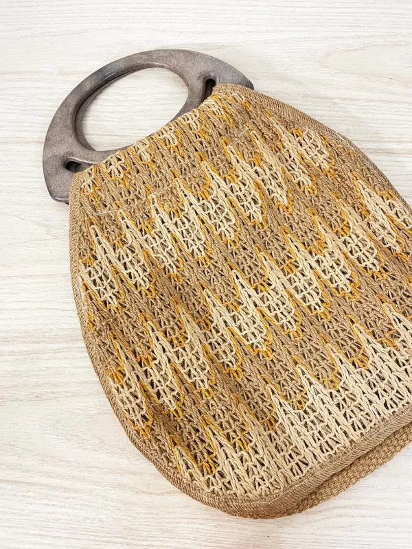 vintage 70s woven jute wood handle tote sold by Good Market Thrift Store