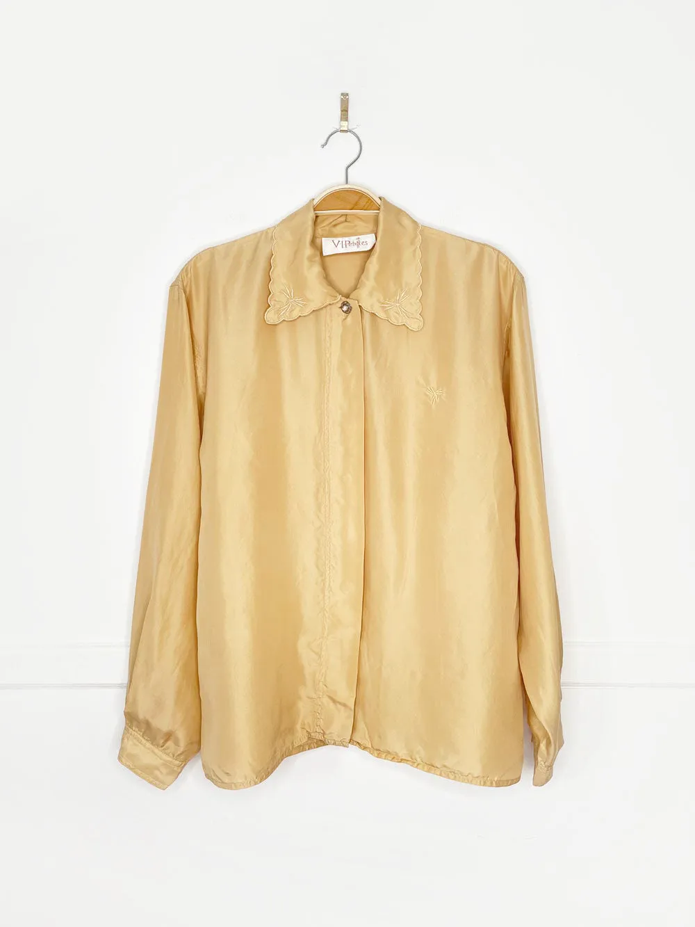 vintage 80s vipetites 100% silk embroidered collar blouse sold by Good Market Thrift Store