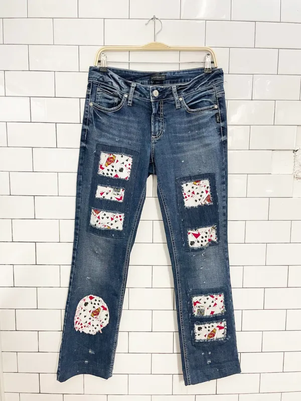 y2k silver jeans britt slim boot deck of cards patchwork jeans sold by Good Market Thrift Store