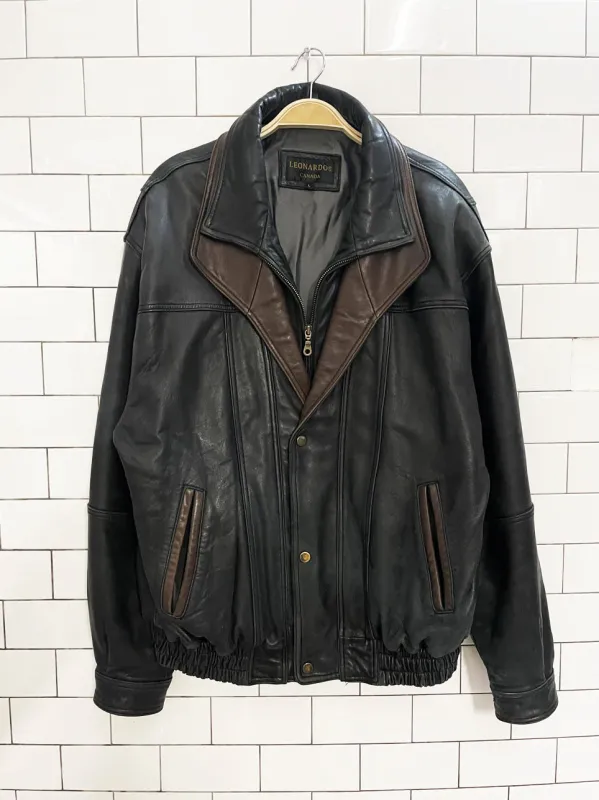 vintage leonardos butter leather two-tone bomber jacket sold by Good Market Thrift Store