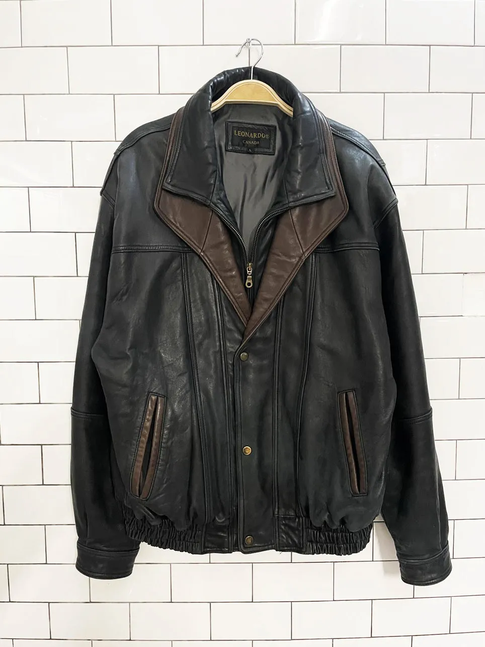 vintage leonardos butter leather two-tone bomber jacket sold by Good Market Thrift Store