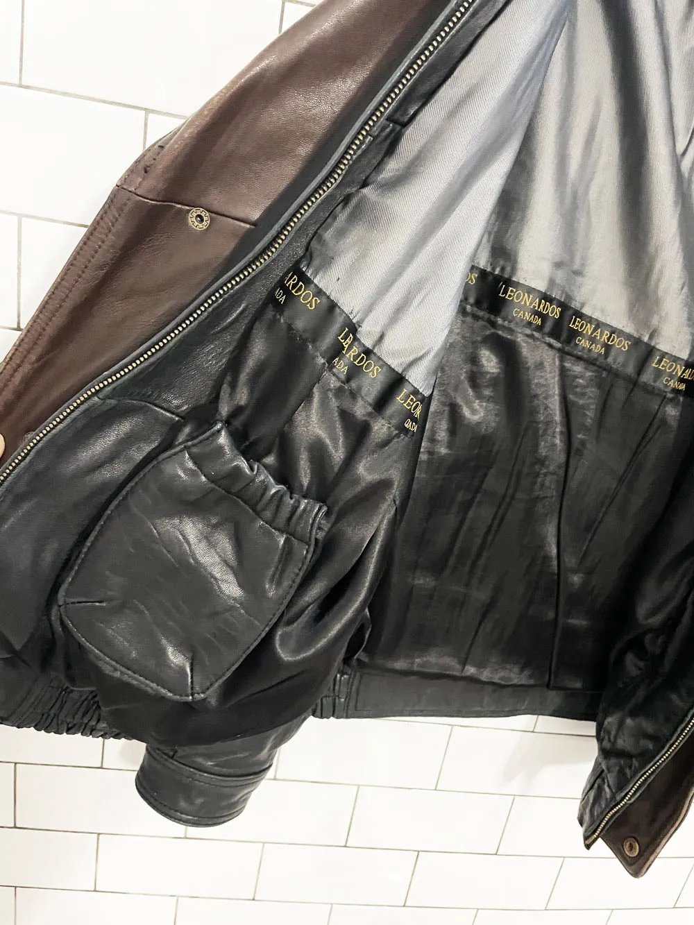 vintage leonardos butter leather two-tone bomber jacket sold by Good Market Thrift Store product image thumbnail 5