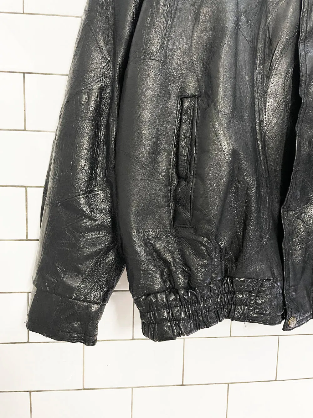 vintage 90s leworld patchwork leather bomber jacket sold by Good Market Thrift Store product image thumbnail 4