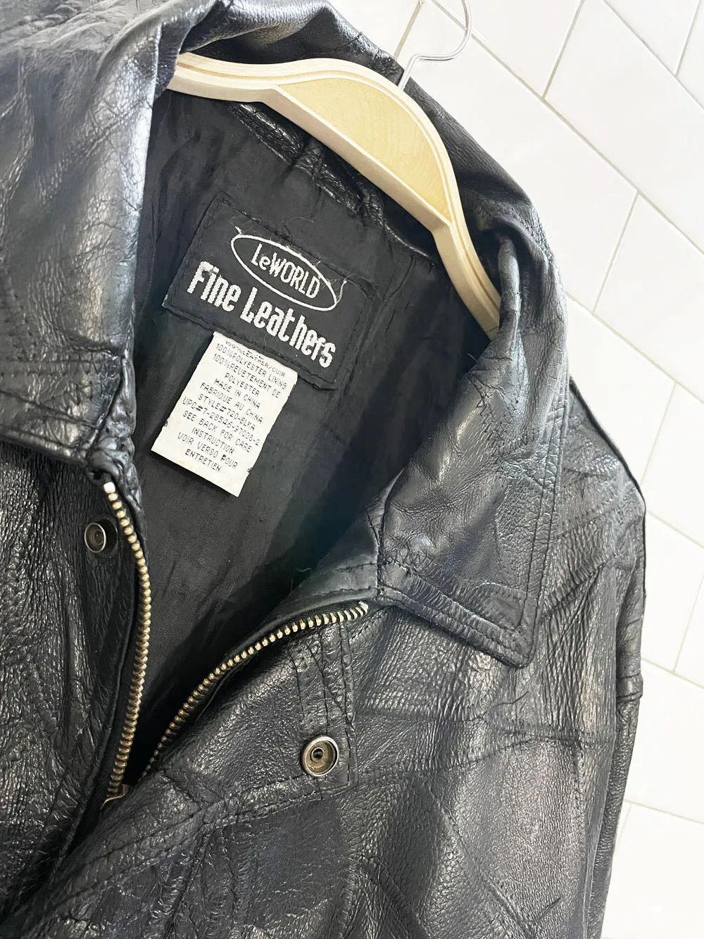 vintage 90s leworld patchwork leather bomber jacket sold by Good Market Thrift Store product image thumbnail 2