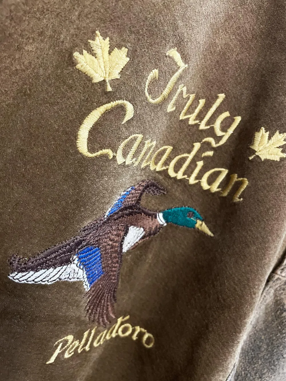 vintage 90s boulevard club suede embroidered mallard knit cuff bomber jacket sold by Good Market Thrift Store product image thumbnail 5