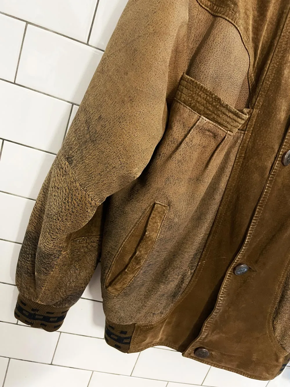 vintage 90s boulevard club suede embroidered mallard knit cuff bomber jacket sold by Good Market Thrift Store product image thumbnail 4