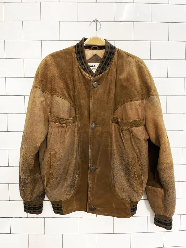 vintage 90s boulevard club suede embroidered mallard knit cuff bomber jacket sold by Good Market Thrift Store