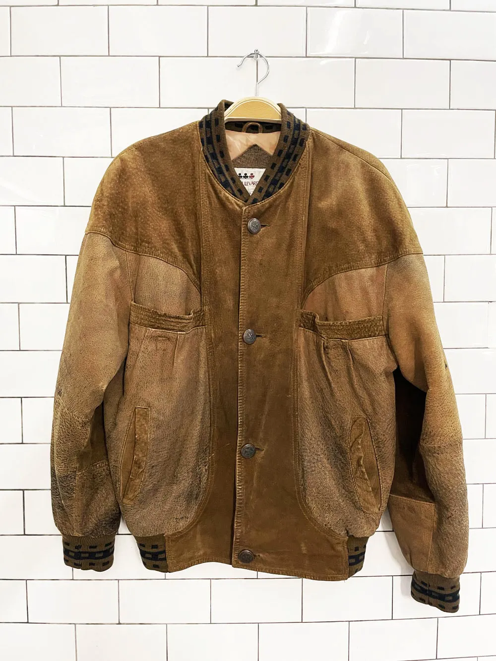 vintage 90s boulevard club suede embroidered mallard knit cuff bomber jacket sold by Good Market Thrift Store