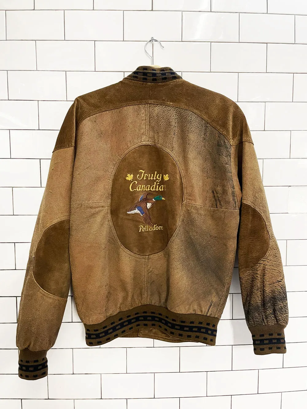 vintage 90s boulevard club suede embroidered mallard knit cuff bomber jacket sold by Good Market Thrift Store product image thumbnail 2