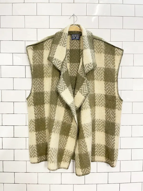 vintage linda lundstrom mohair plaid blanket stitch open vest sold by Good Market Thrift Store