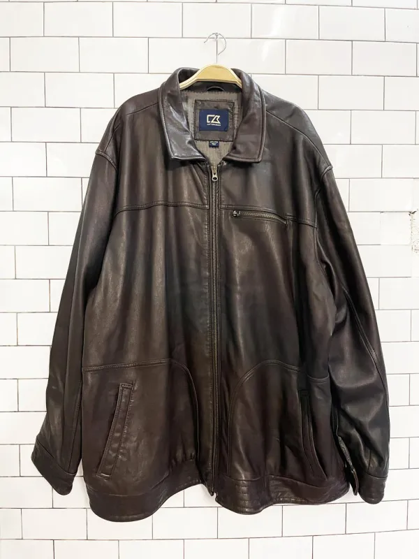 cutter & buck butter leather zip bomber jacket sold by Good Market Thrift Store