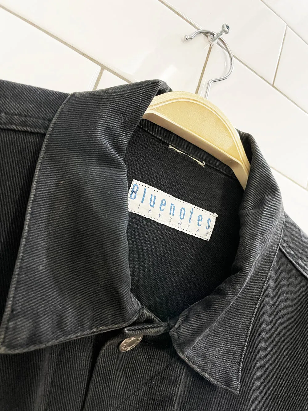 vintage 80s bluenotes oversized black denim jacket sold by Good Market Thrift Store product image thumbnail 2