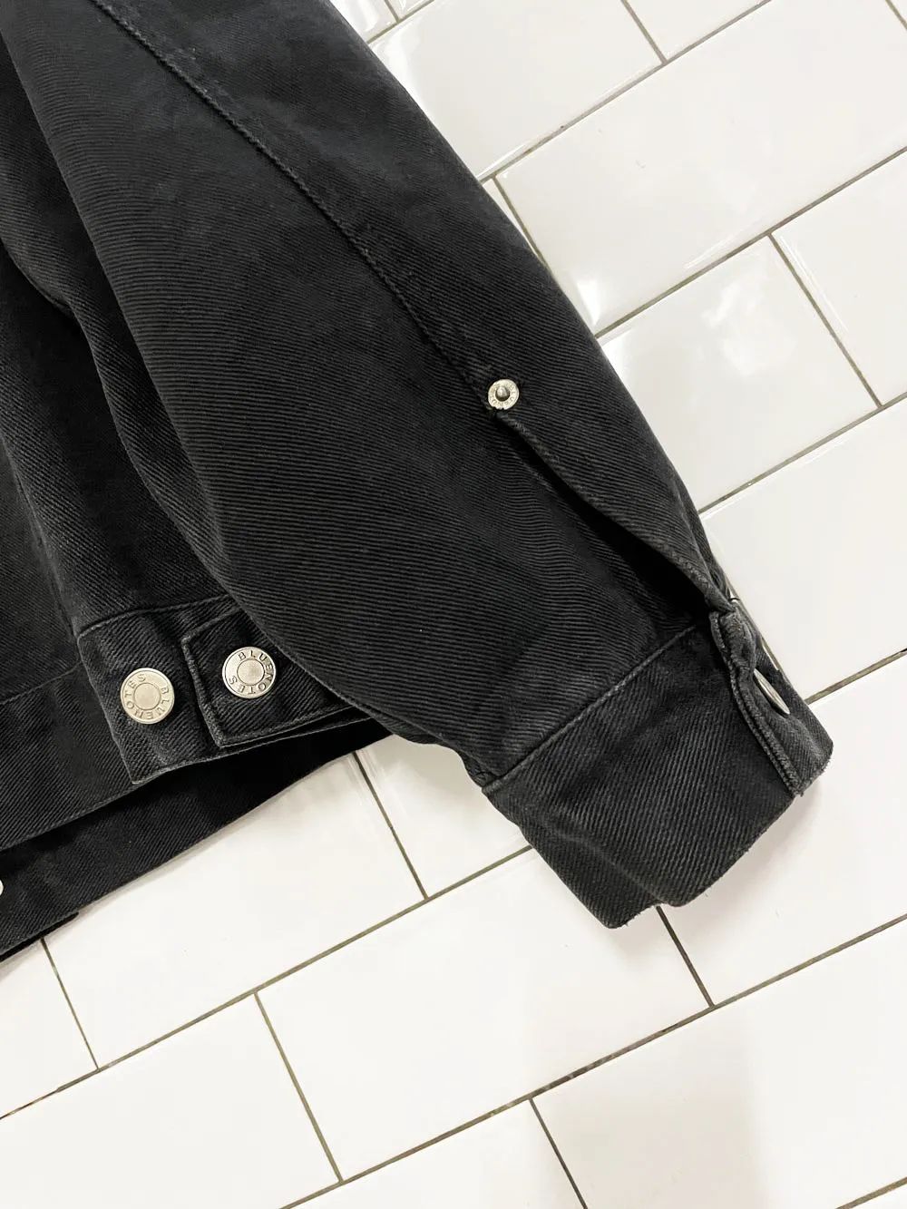 vintage 80s bluenotes oversized black denim jacket sold by Good Market Thrift Store product image thumbnail 5