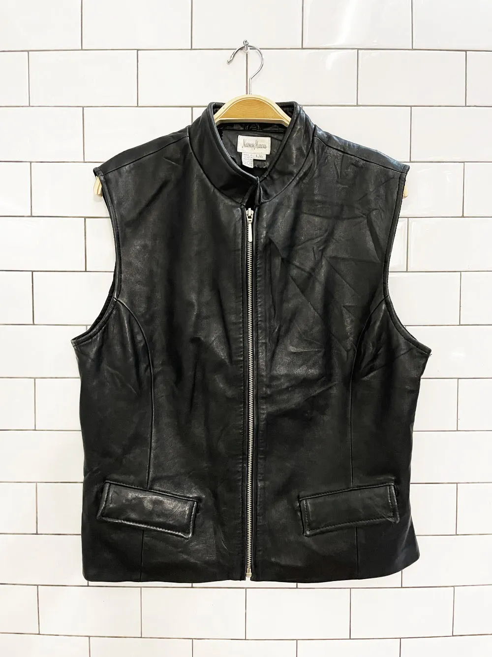 vintage 00s neiman marcus butter leather minimal zip vest sold by Good Market Thrift Store