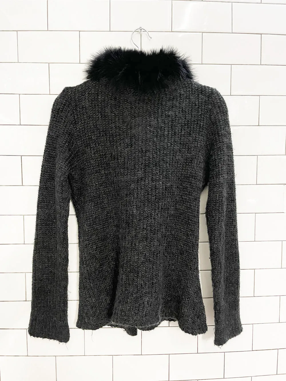 y2k ABS allen schwartz mohair knit cardigan with ostrich feather collar sold by Good Market Thrift Store product image thumbnail 4