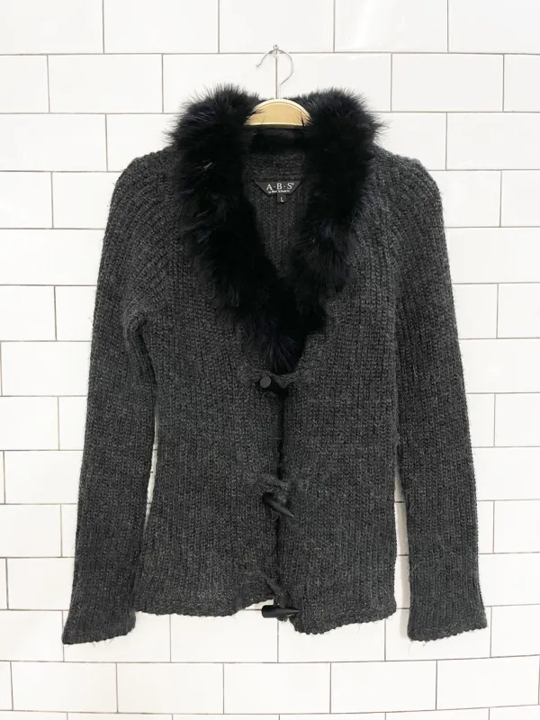 y2k ABS allen schwartz mohair knit cardigan with ostrich feather collar sold by Good Market Thrift Store