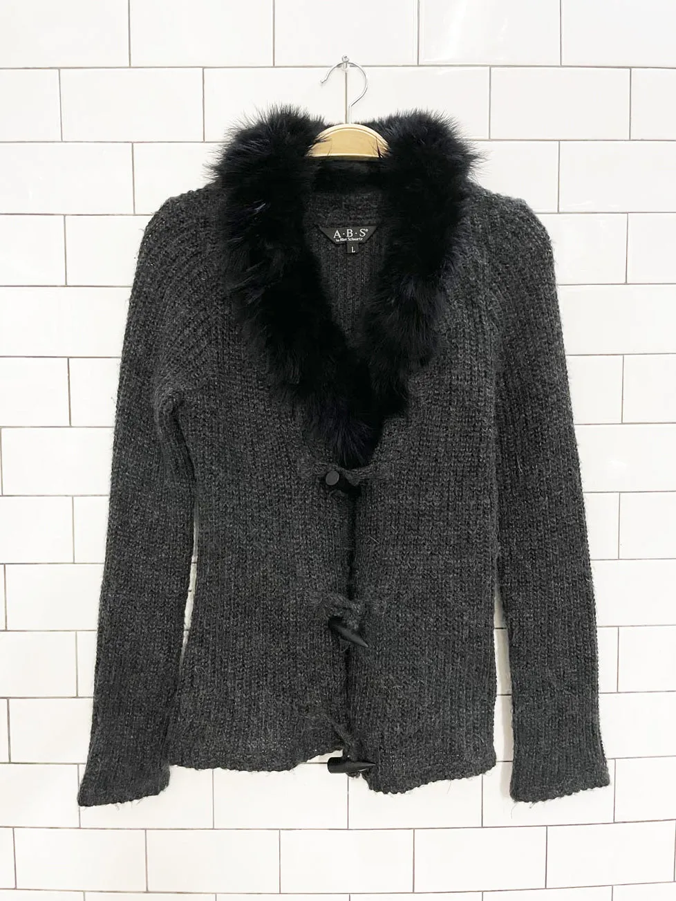 y2k ABS allen schwartz mohair knit cardigan with ostrich feather collar sold by Good Market Thrift Store