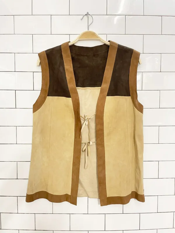 vintage lamb suede colourblock tie front vest | unlined sold by Good Market Thrift Store
