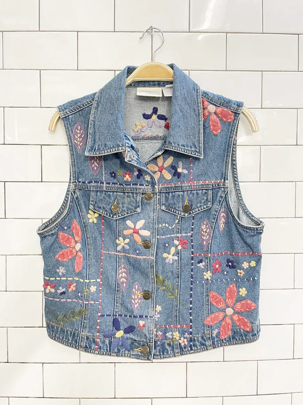 y2k susan bristol embroidered flowers denim vest top sold by Good Market Thrift Store