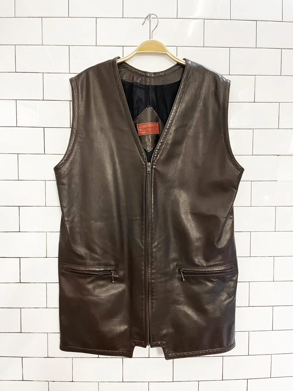 vintage karen gunna butter leather minimal zip vest | made in Canada sold by Good Market Thrift Store