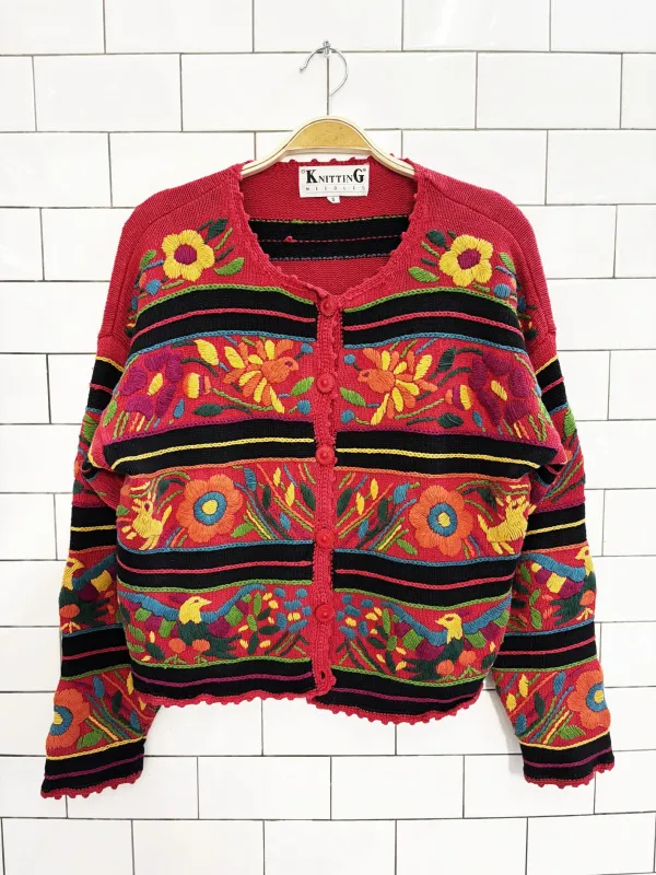 vintage 90s knitting needles heavy knit floral animal embroidered cardigan sold by Good Market Thrift Store