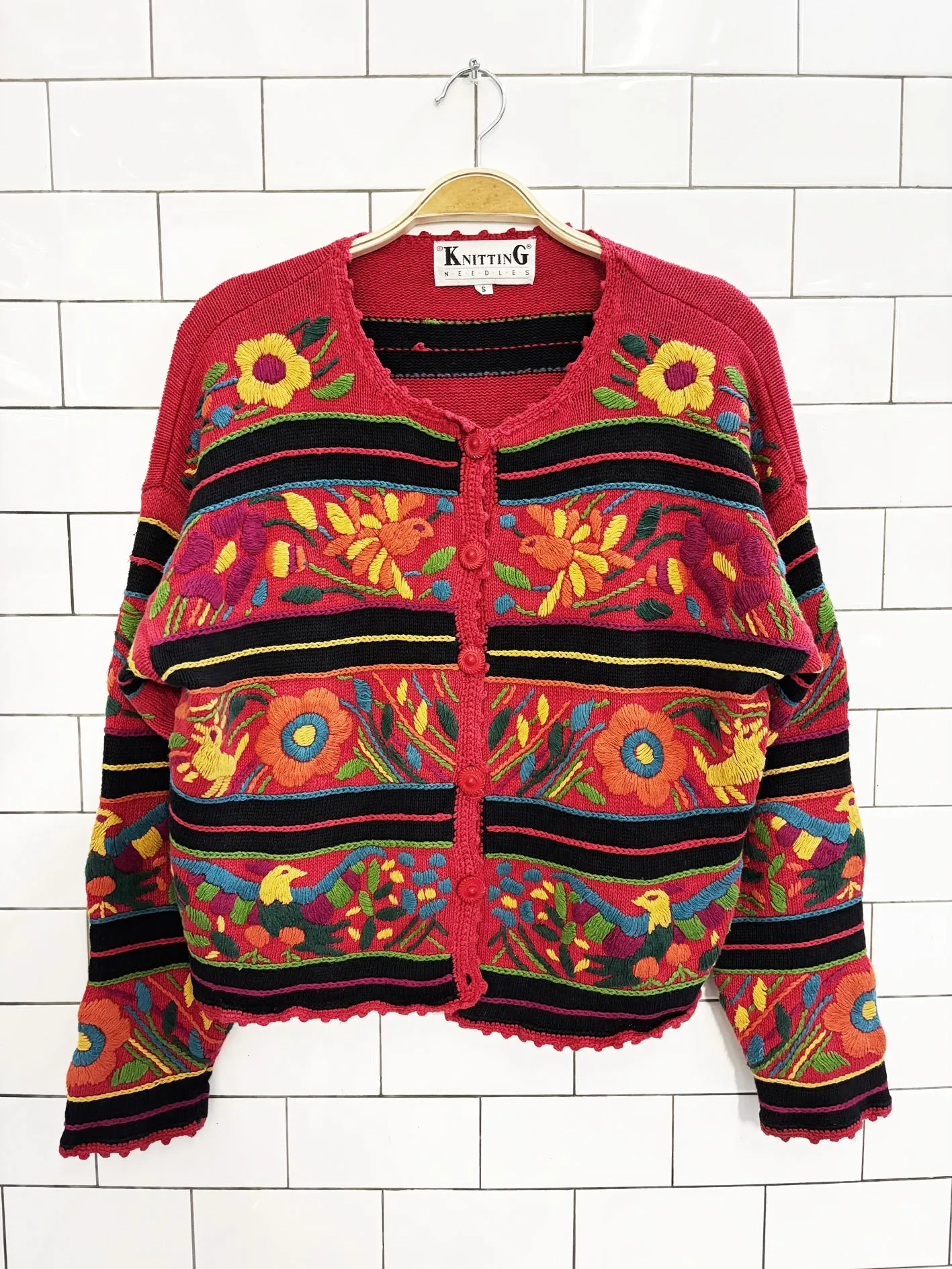 vintage 90s knitting needles heavy knit floral animal embroidered cardigan sold by Good Market Thrift Store