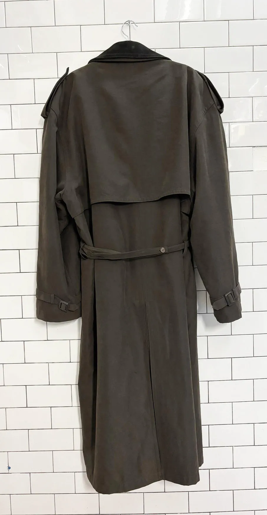 vintage 90s progress 1878 leather collar soft touch trench coat | wool-blend liner sold by Good Market Thrift Store product image thumbnail 4