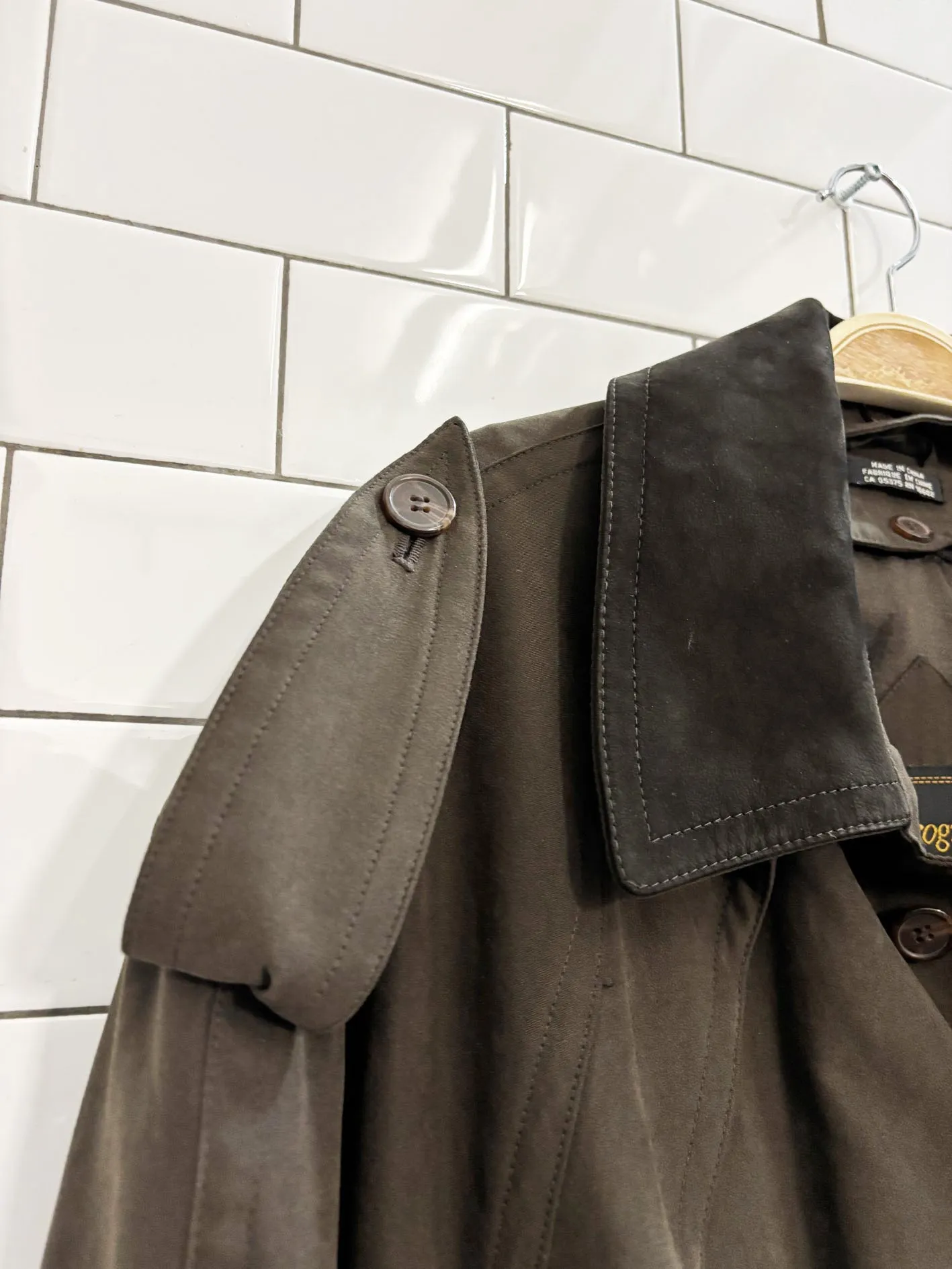 vintage 90s progress 1878 leather collar soft touch trench coat | wool-blend liner sold by Good Market Thrift Store product image thumbnail 2