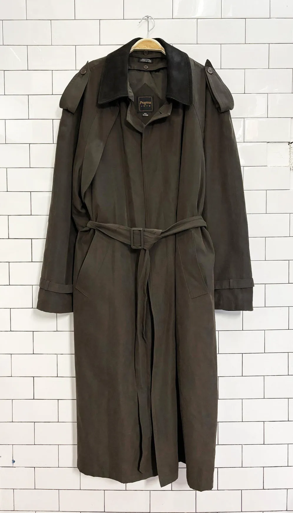 vintage 90s progress 1878 leather collar soft touch trench coat | wool-blend liner sold by Good Market Thrift Store