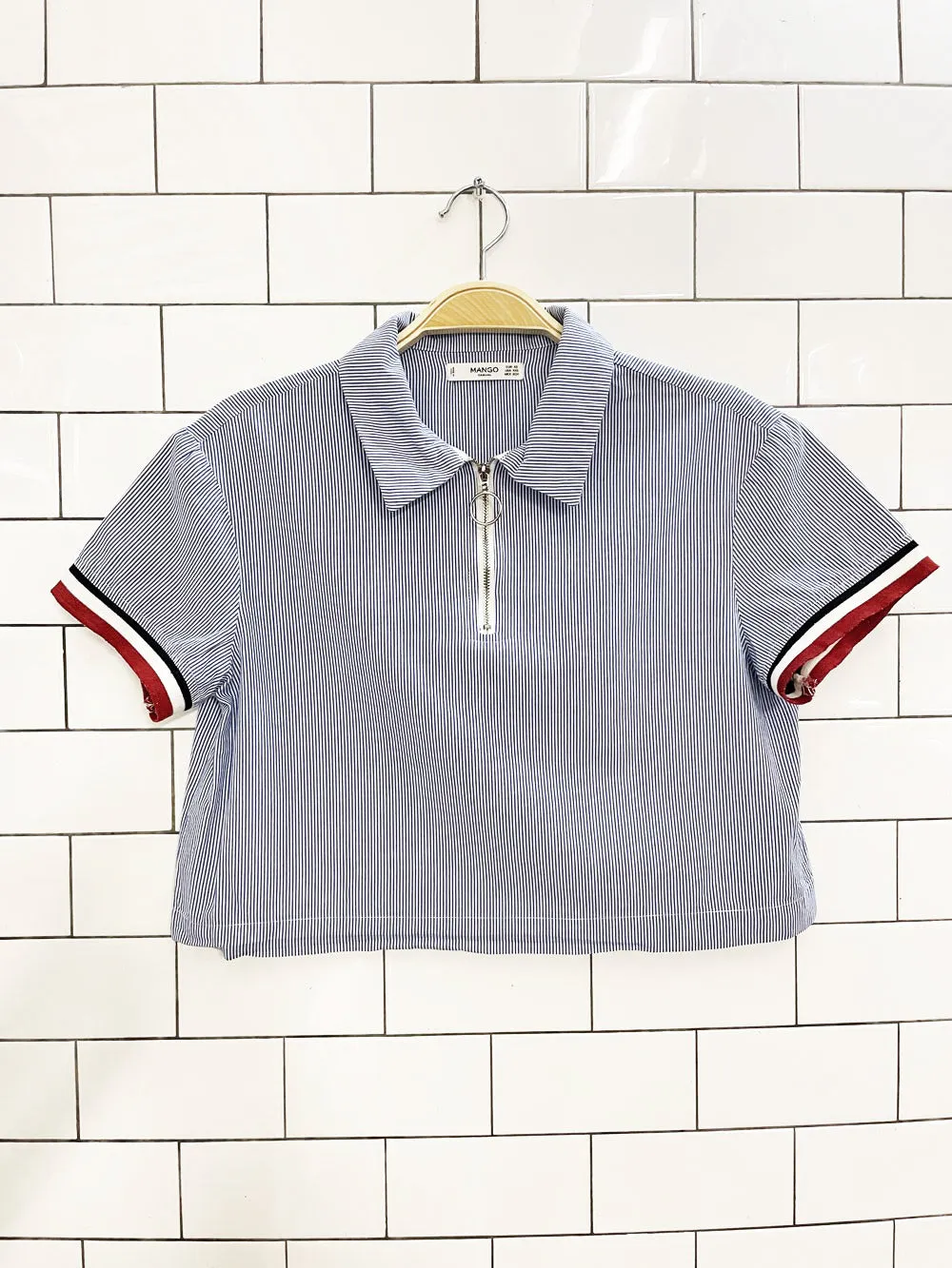 mango blue stripe cropped polo shirt sold by Good Market Thrift Store