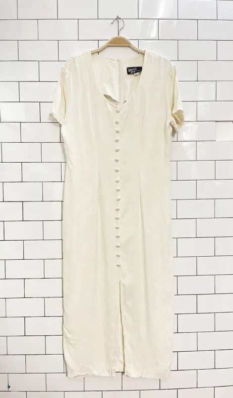 vintage 00s dawn joy minimal floral print full button tie back midi dress | made in USA sold by Good Market Thrift Store