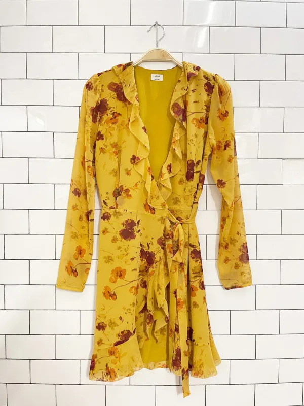 wilfred louise chiffon ruffle wrap fall florals mini dress | aritzia sold by Good Market Thrift Store