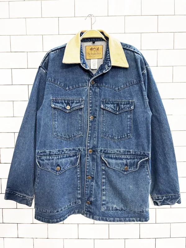 schaefer outfitter leather collar denim western chore coat | made in usa sold by Good Market Thrift Store