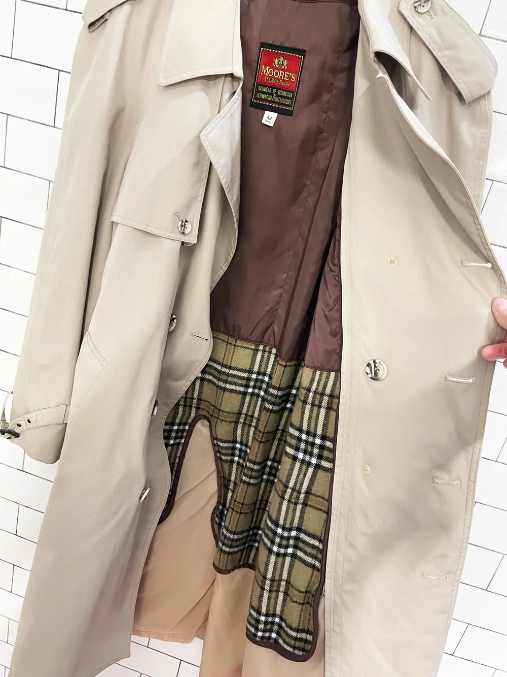 vintage 80s moores tartan-lined double breasted classic trench coat sold by Good Market Thrift Store product image thumbnail 5