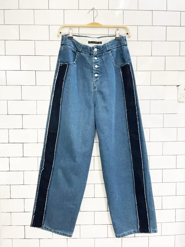 zara tuxedo barrel leg exposed button fly wide leg jeans sold by Good Market Thrift Store