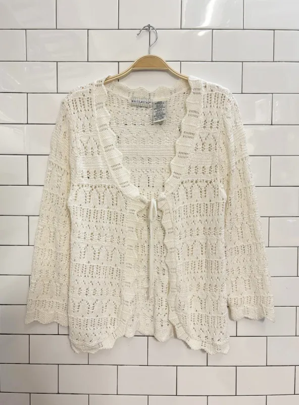 vintage 90s white stag crochet knit tie front cardigan | made in usa sold by Good Market Thrift Store