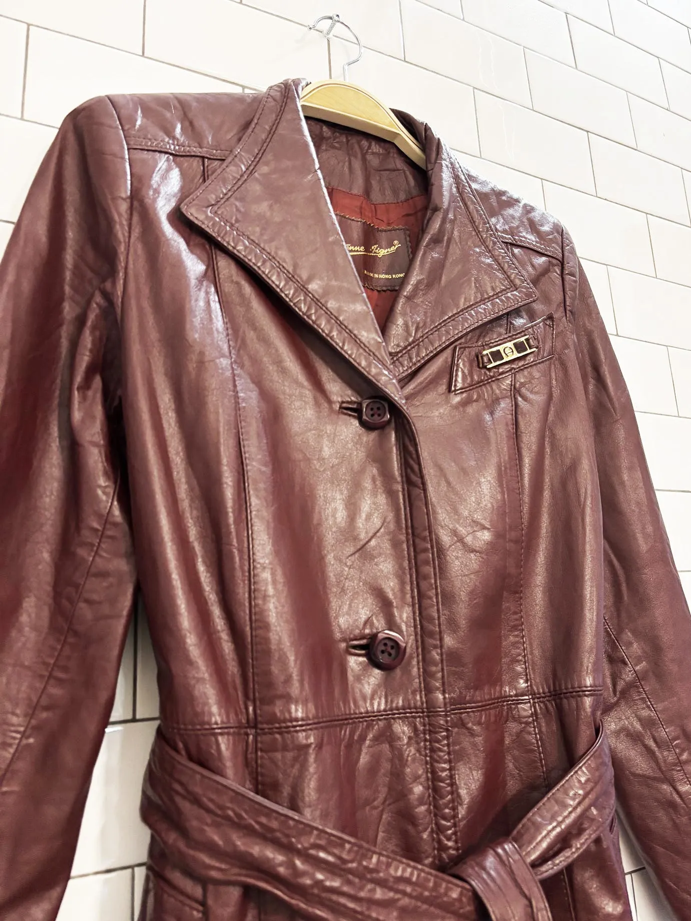 vintage 80s etienne aigner belted leather trench coat sold by Good Market Thrift Store product image thumbnail 3