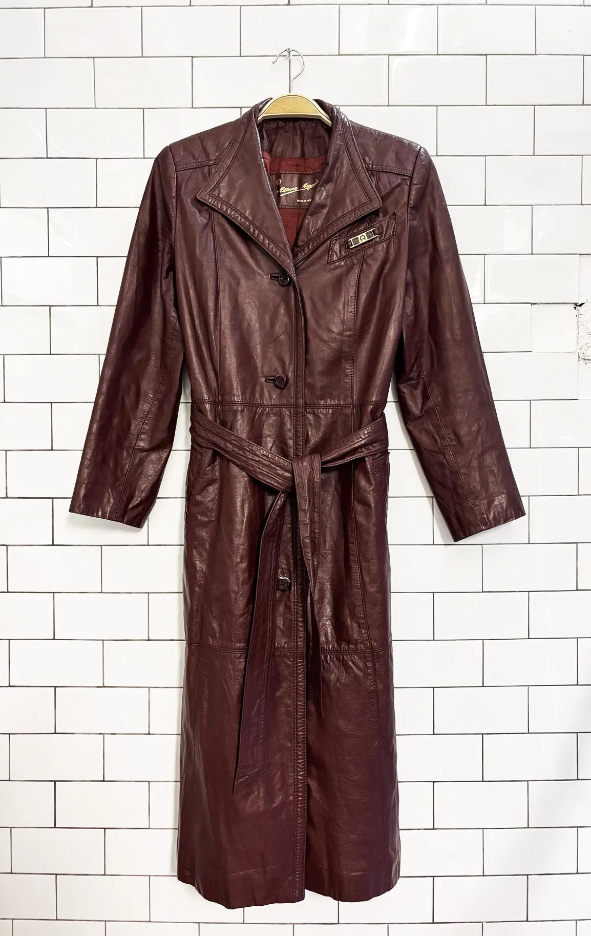 vintage 80s etienne aigner belted leather trench coat sold by Good Market Thrift Store