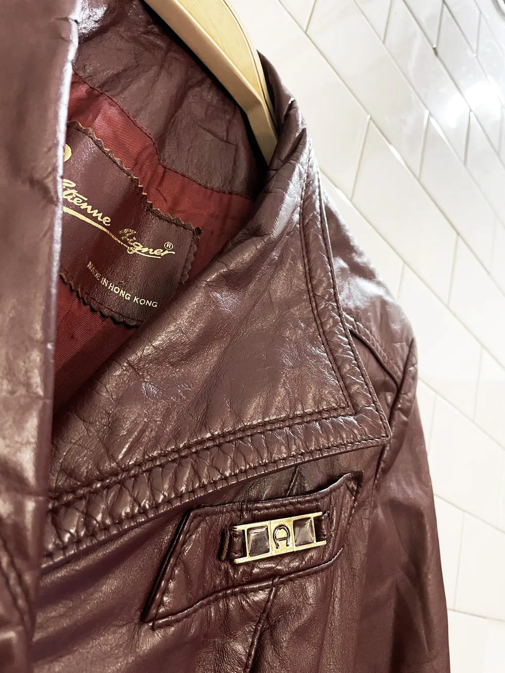 vintage 80s etienne aigner belted leather trench coat sold by Good Market Thrift Store product image thumbnail 2