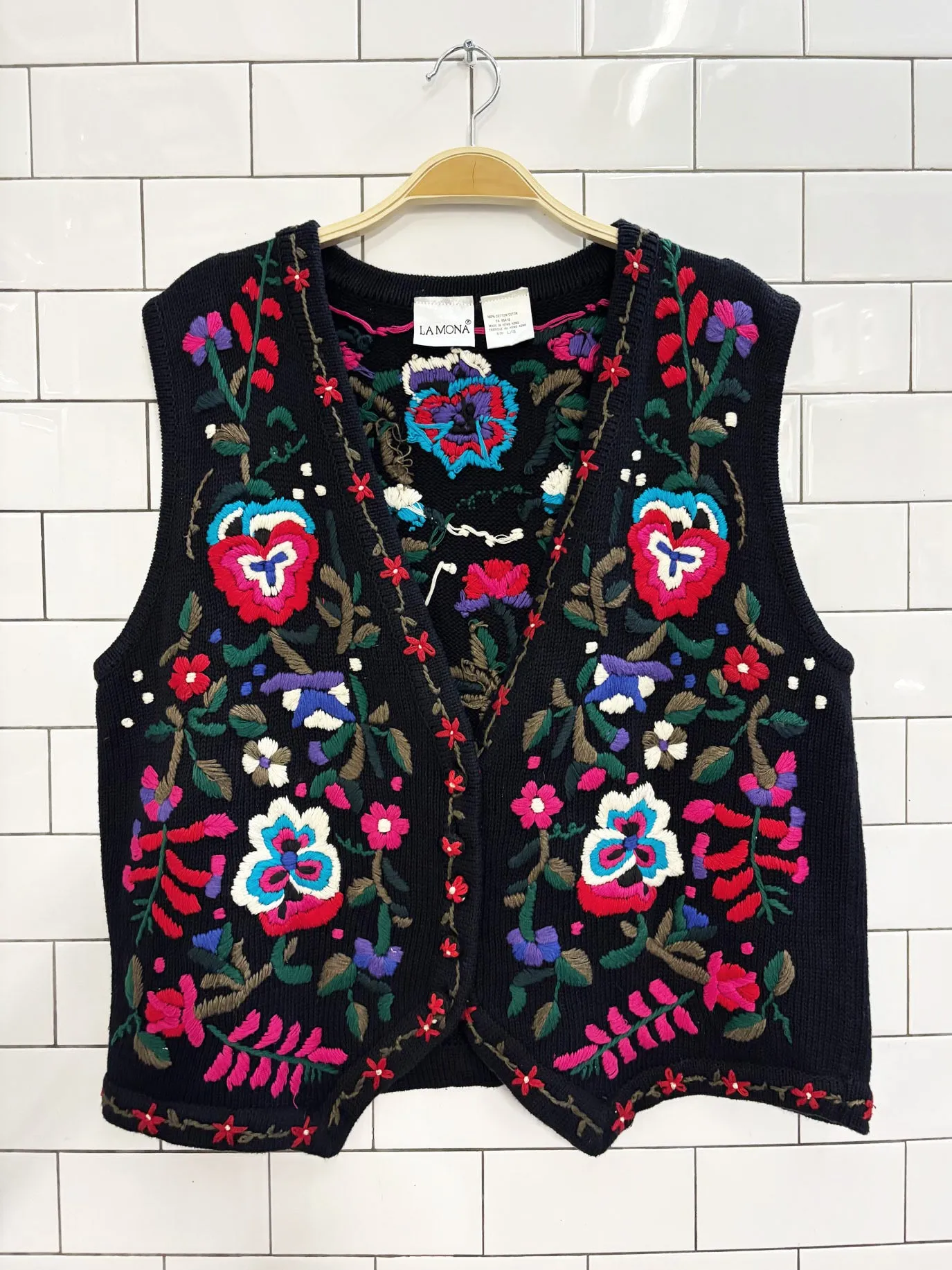 vintage 90s la mona floral embroidered knit vest sold by Good Market Thrift Store